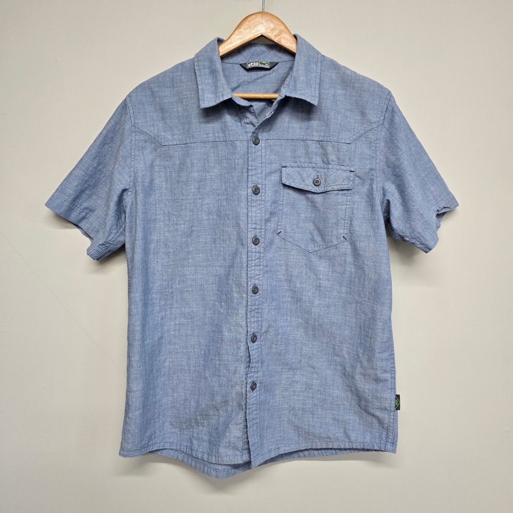 Stio Chambray Shirt Mens M Blue Organic Cotton Short Sleeve Western Outdoor